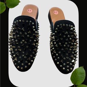 Size 9.5 Black and Metallic Silver Studded Mules with Edgy Design
